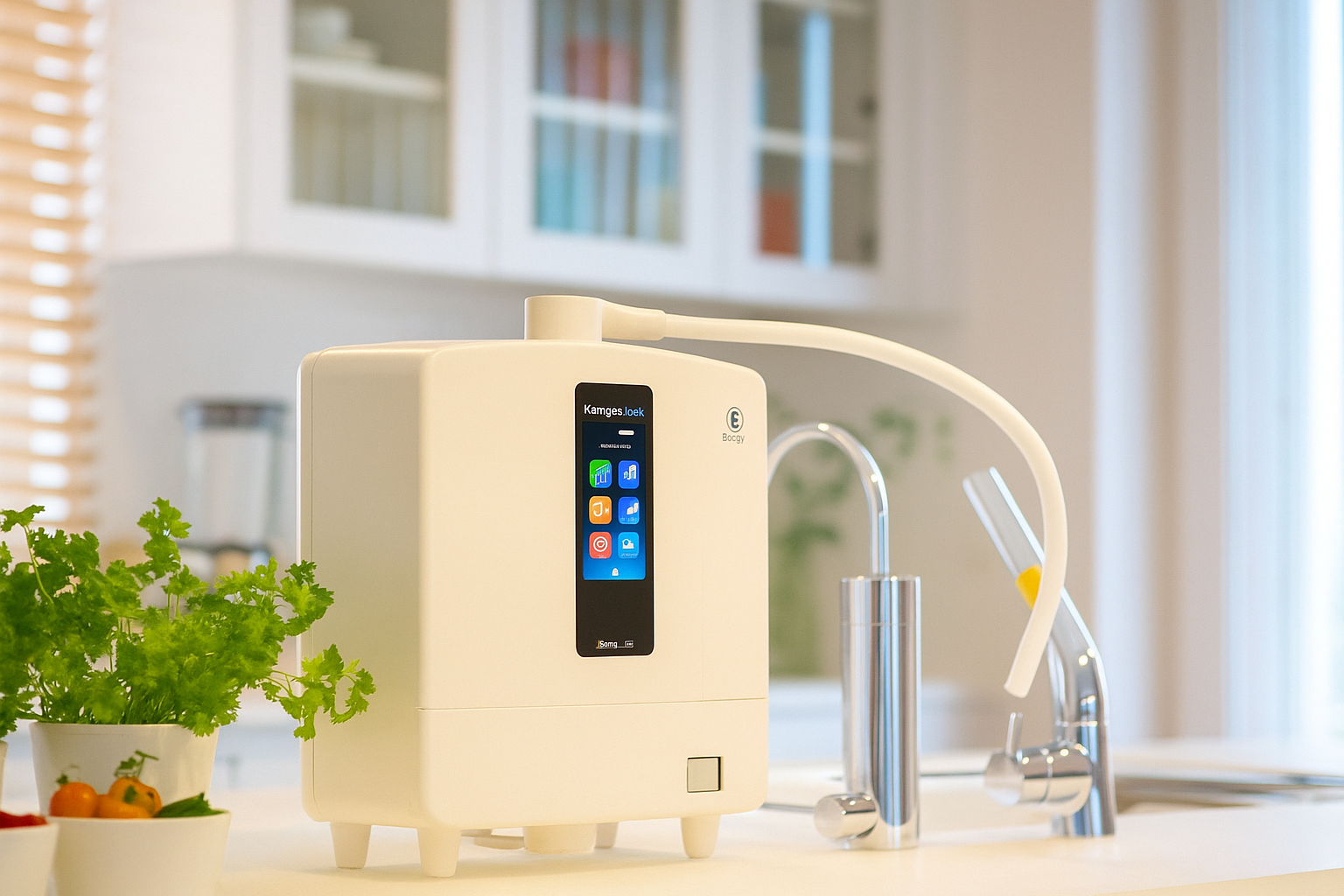 Ionizador de agua Kangen sobre una encimera de cocina moderna